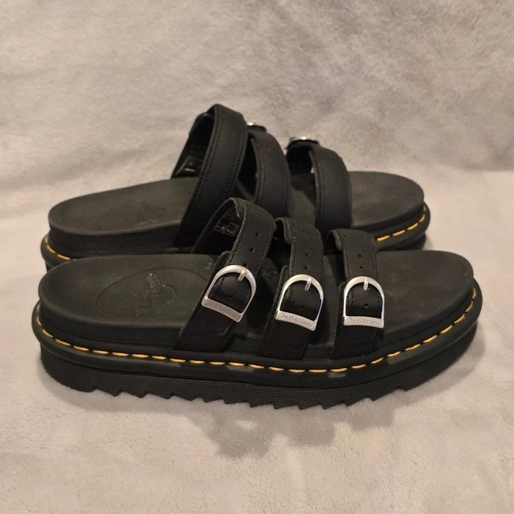Dr. Martens Blaire Slide Black Leather Platform Buckle Sandals Womens 9